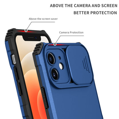 For iPhone 12 6.1 inch Adjustable Vertical Kickstand Phone Case Anti-drop PC + TPU Cover with Camera Slider Protection