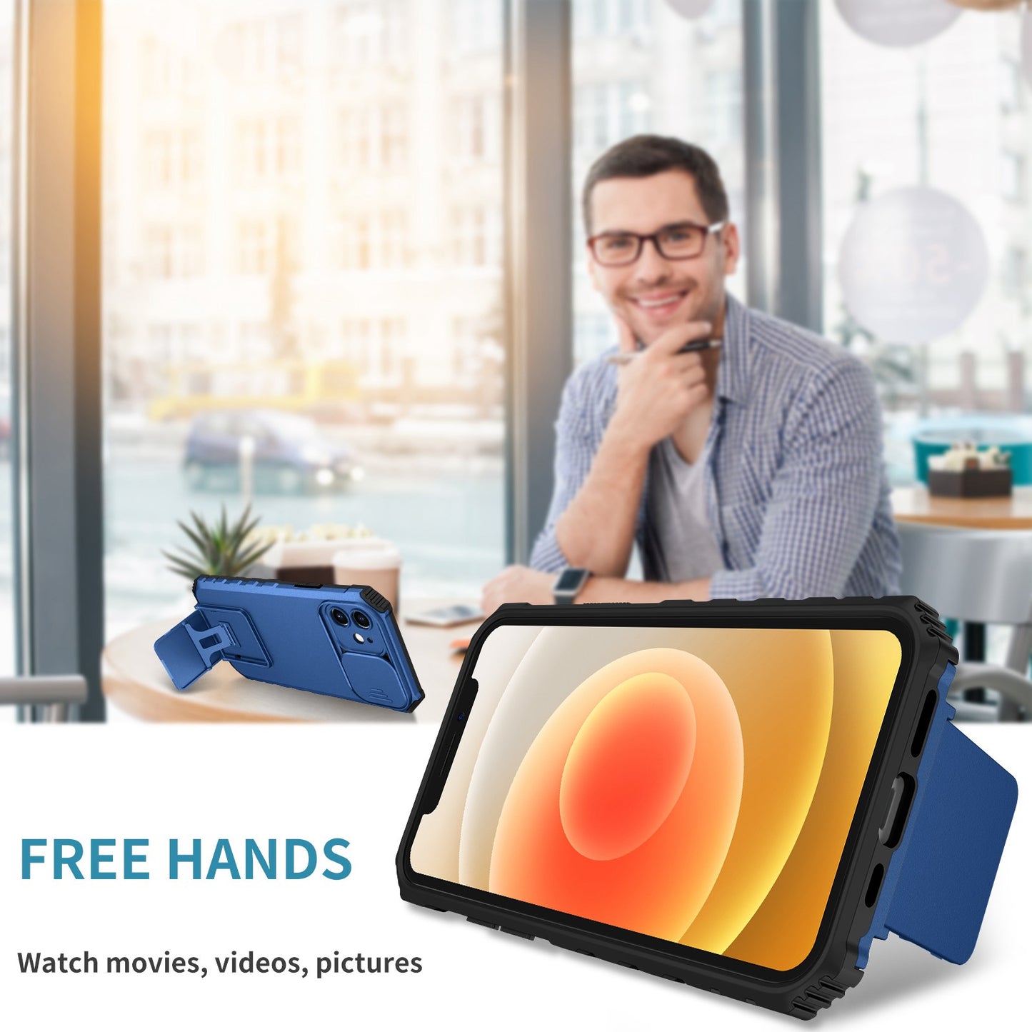 For iPhone 12 6.1 inch Adjustable Vertical Kickstand Phone Case Anti-drop PC + TPU Cover with Camera Slider Protection