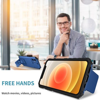 For iPhone 12 6.1 inch Adjustable Vertical Kickstand Phone Case Anti-drop PC + TPU Cover with Camera Slider Protection