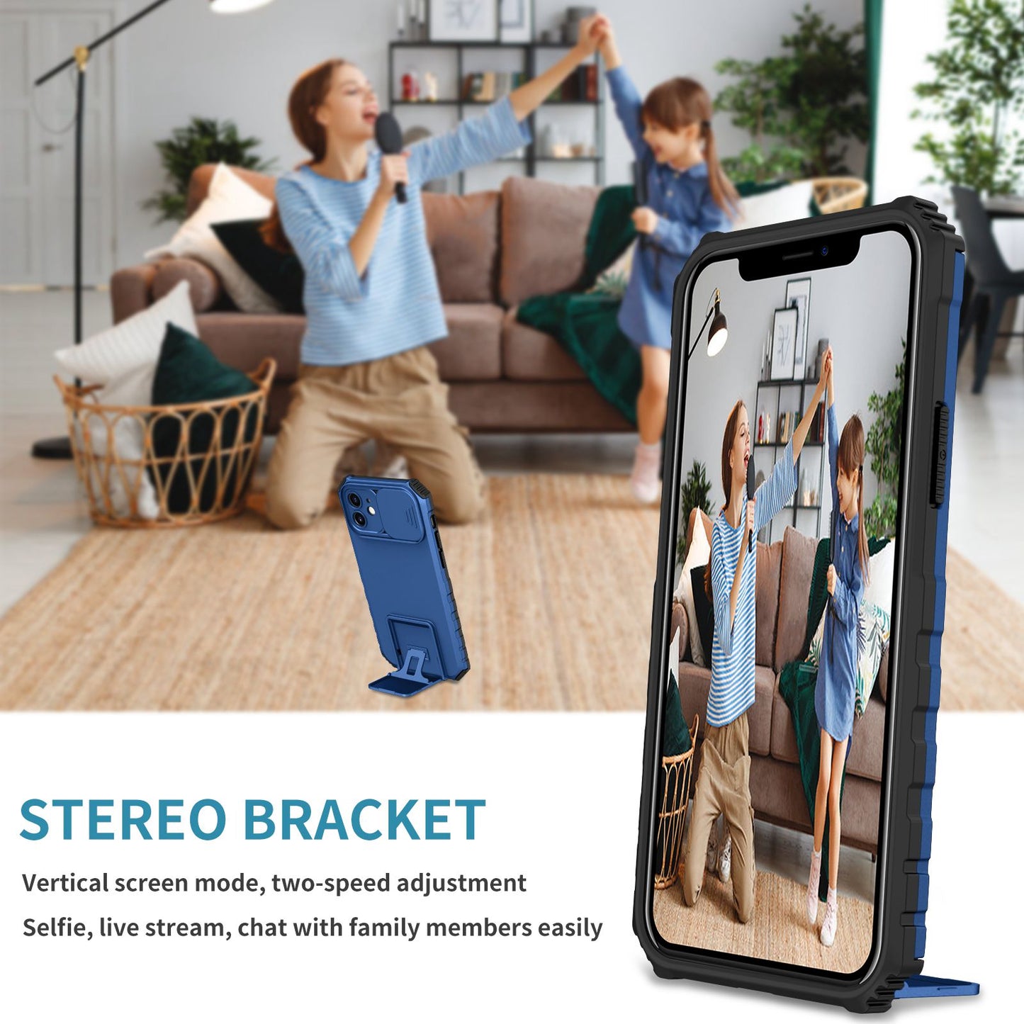 For iPhone 12 6.1 inch Adjustable Vertical Kickstand Phone Case Anti-drop PC + TPU Cover with Camera Slider Protection