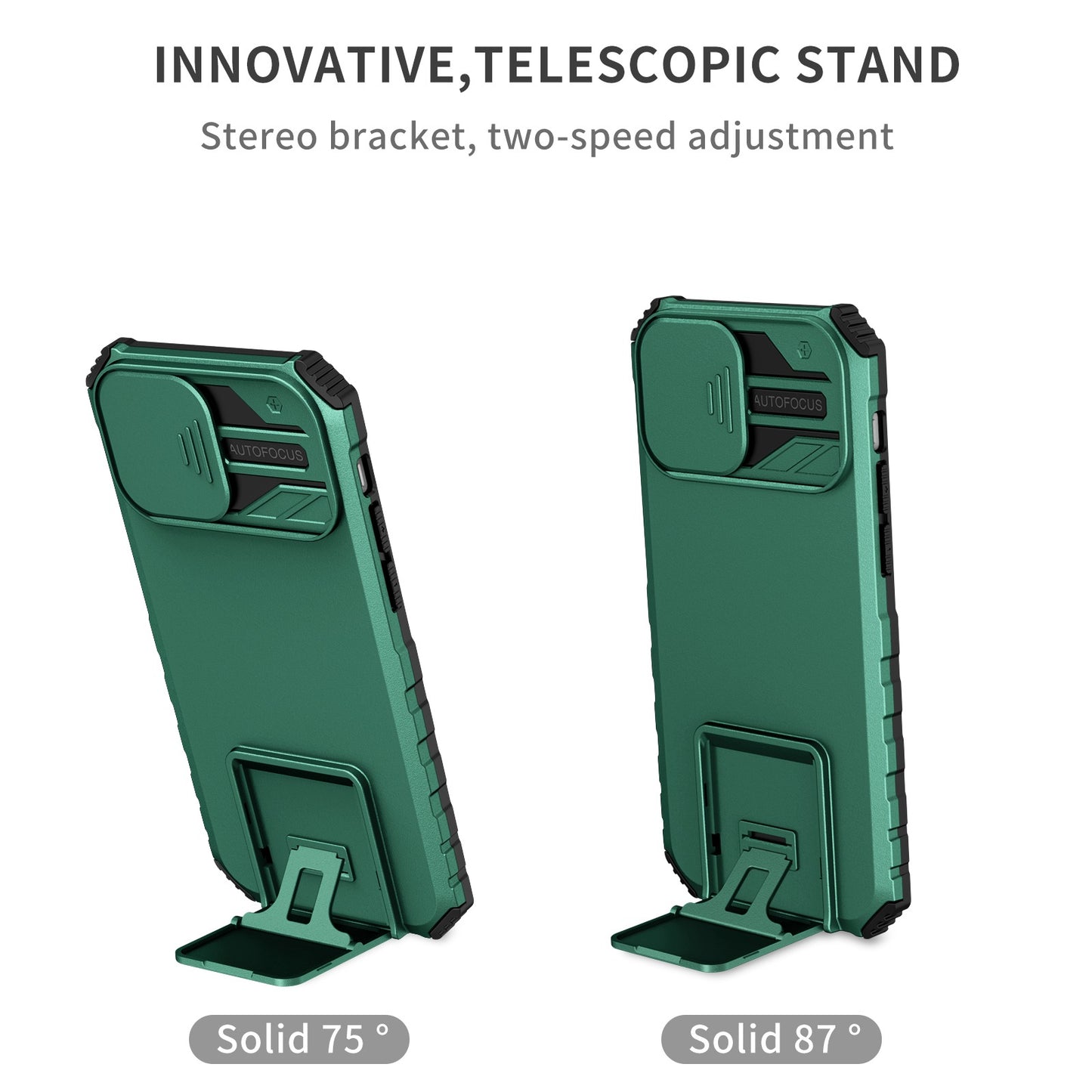 For iPhone 12 6.1 inch Adjustable Vertical Kickstand Phone Case Anti-drop PC + TPU Cover with Camera Slider Protection