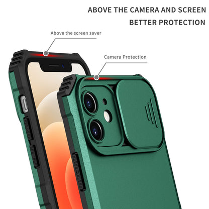 For iPhone 12 6.1 inch Adjustable Vertical Kickstand Phone Case Anti-drop PC + TPU Cover with Camera Slider Protection