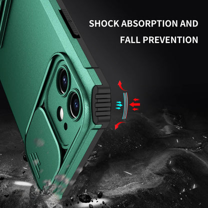 For iPhone 12 6.1 inch Adjustable Vertical Kickstand Phone Case Anti-drop PC + TPU Cover with Camera Slider Protection
