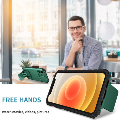 For iPhone 12 6.1 inch Adjustable Vertical Kickstand Phone Case Anti-drop PC + TPU Cover with Camera Slider Protection