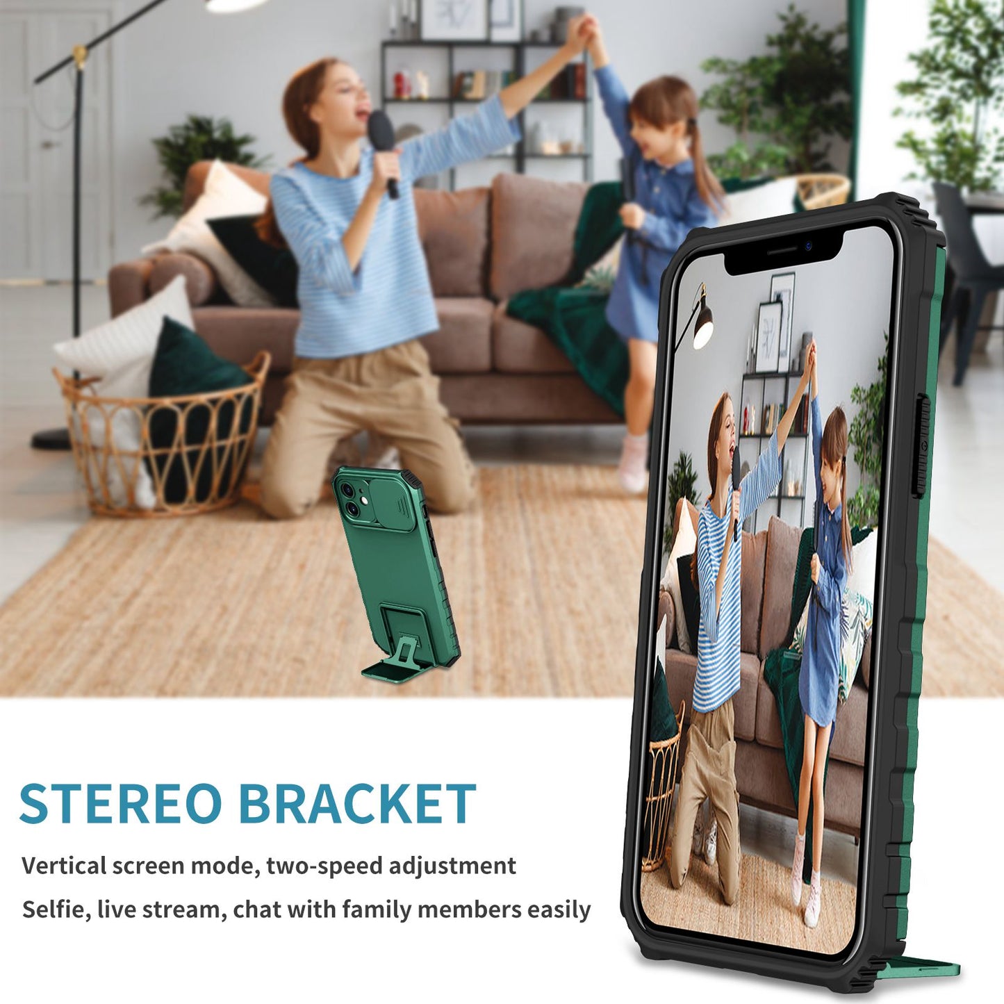 For iPhone 12 6.1 inch Adjustable Vertical Kickstand Phone Case Anti-drop PC + TPU Cover with Camera Slider Protection