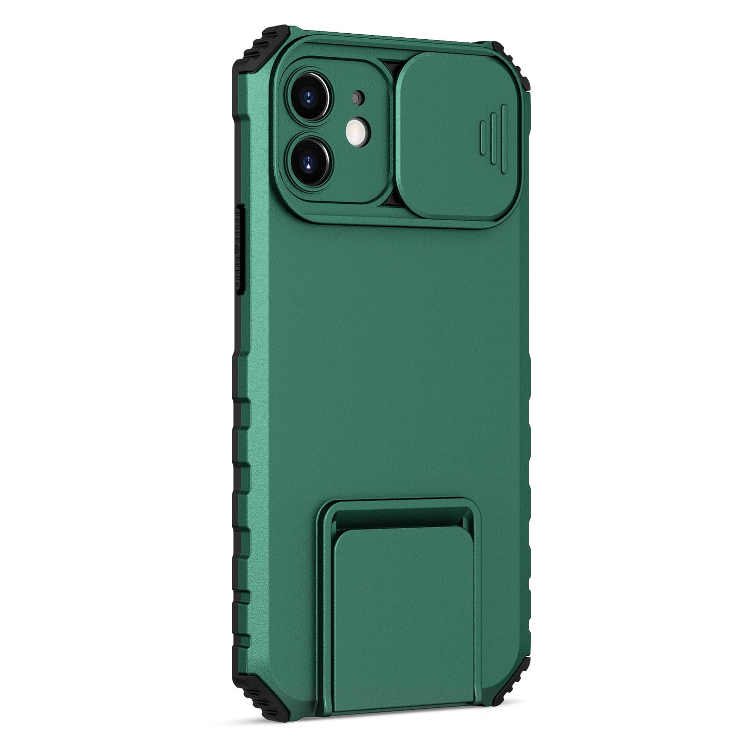 For iPhone 12 6.1 inch Adjustable Vertical Kickstand Phone Case Anti-drop PC + TPU Cover with Camera Slider Protection