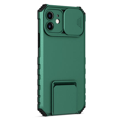 For iPhone 12 6.1 inch Adjustable Vertical Kickstand Phone Case Anti-drop PC + TPU Cover with Camera Slider Protection