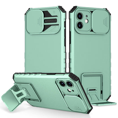 For iPhone 12 6.1 inch Adjustable Vertical Kickstand Phone Case Anti-drop PC + TPU Cover with Camera Slider Protection
