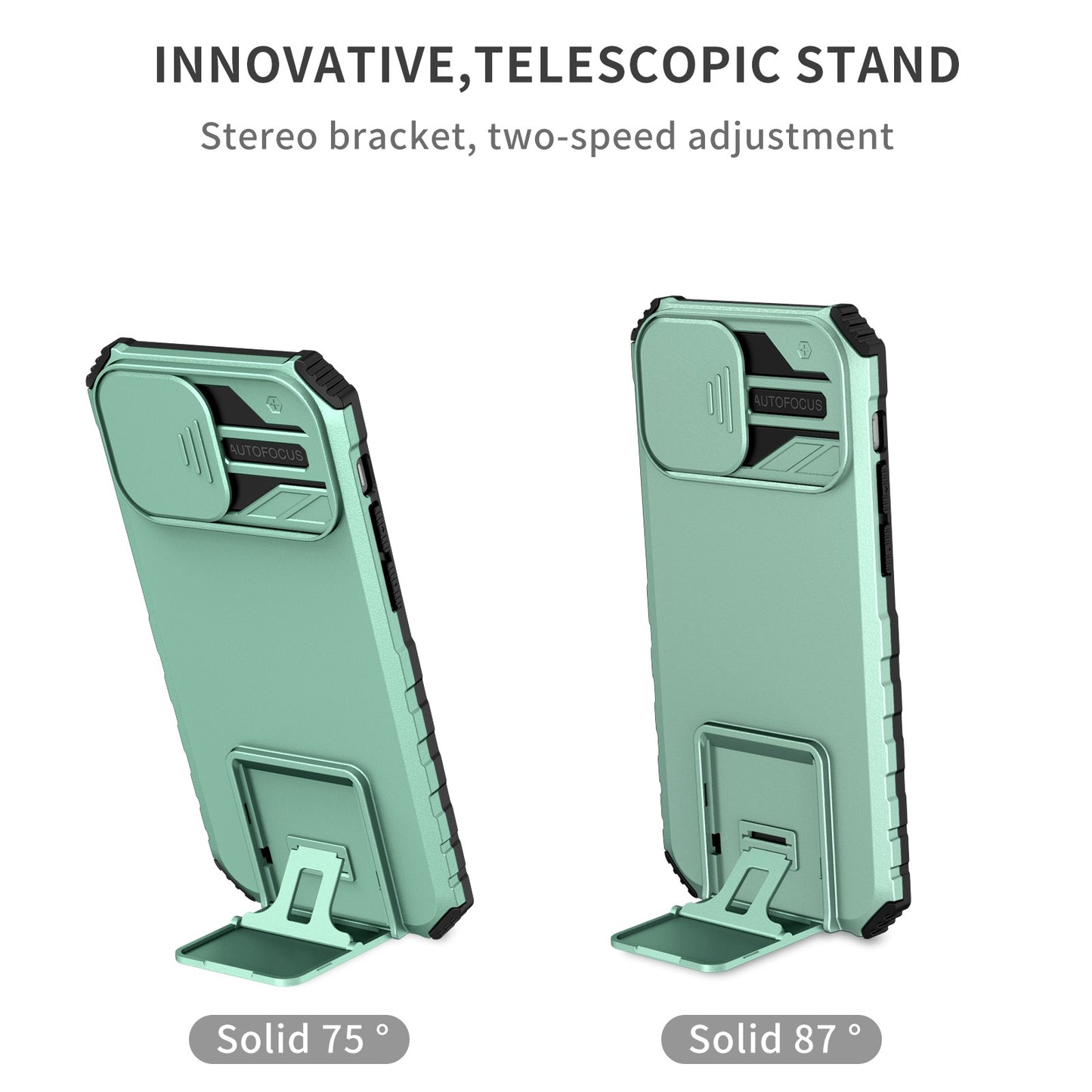 For iPhone 12 6.1 inch Adjustable Vertical Kickstand Phone Case Anti-drop PC + TPU Cover with Camera Slider Protection