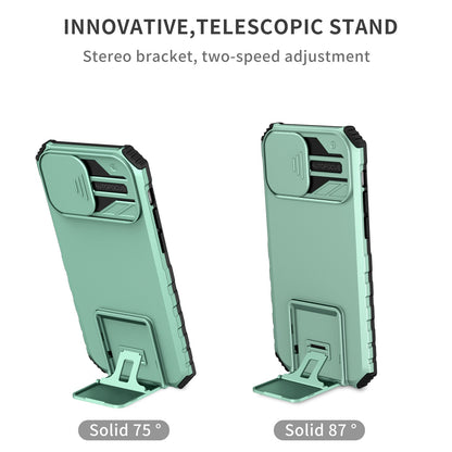 For iPhone 12 6.1 inch Adjustable Vertical Kickstand Phone Case Anti-drop PC + TPU Cover with Camera Slider Protection