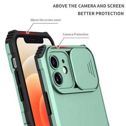 For iPhone 12 6.1 inch Adjustable Vertical Kickstand Phone Case Anti-drop PC + TPU Cover with Camera Slider Protection