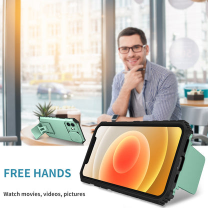 For iPhone 12 6.1 inch Adjustable Vertical Kickstand Phone Case Anti-drop PC + TPU Cover with Camera Slider Protection