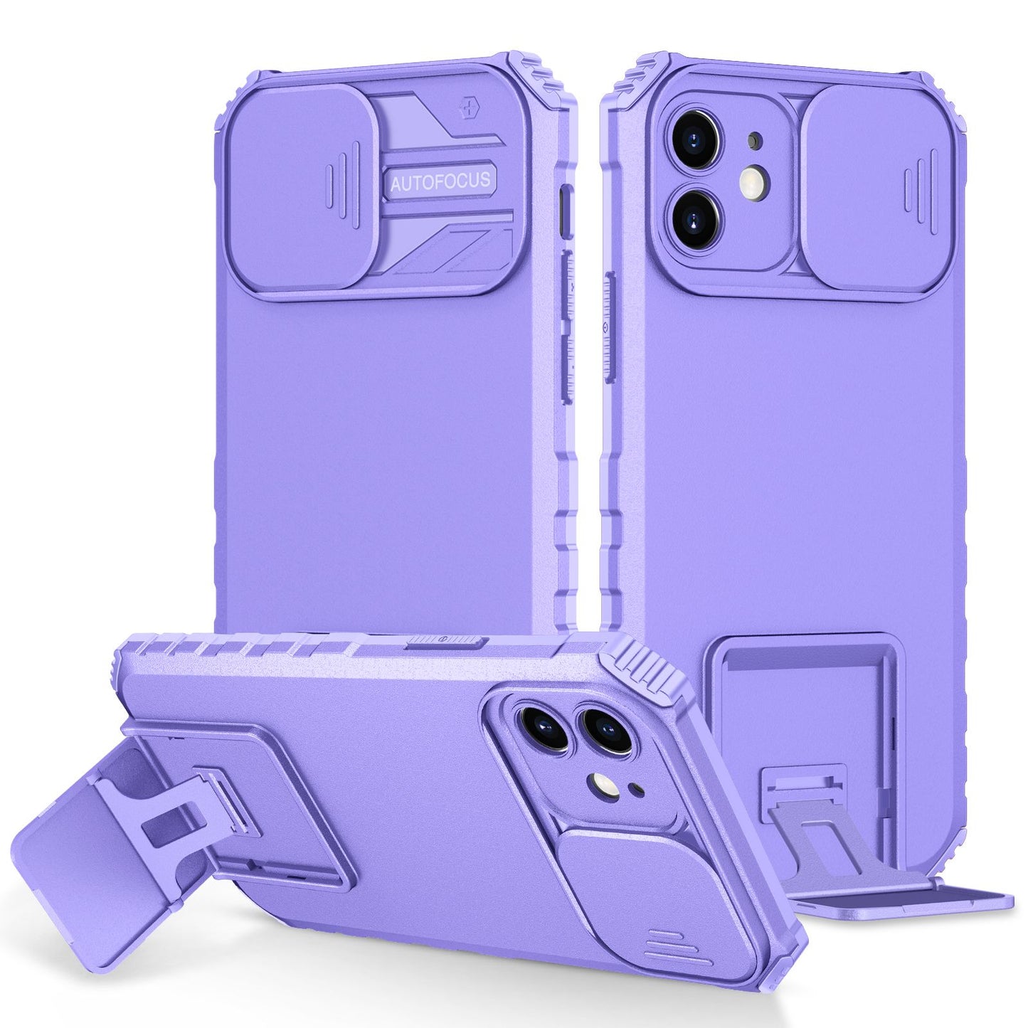 For iPhone 12 6.1 inch Adjustable Vertical Kickstand Phone Case Anti-drop PC + TPU Cover with Camera Slider Protection