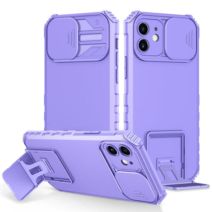 For iPhone 12 6.1 inch Adjustable Vertical Kickstand Phone Case Anti-drop PC + TPU Cover with Camera Slider Protection