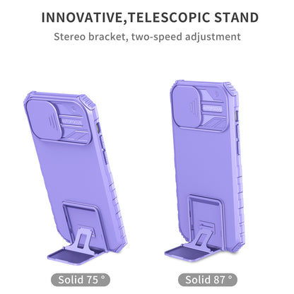 For iPhone 12 6.1 inch Adjustable Vertical Kickstand Phone Case Anti-drop PC + TPU Cover with Camera Slider Protection