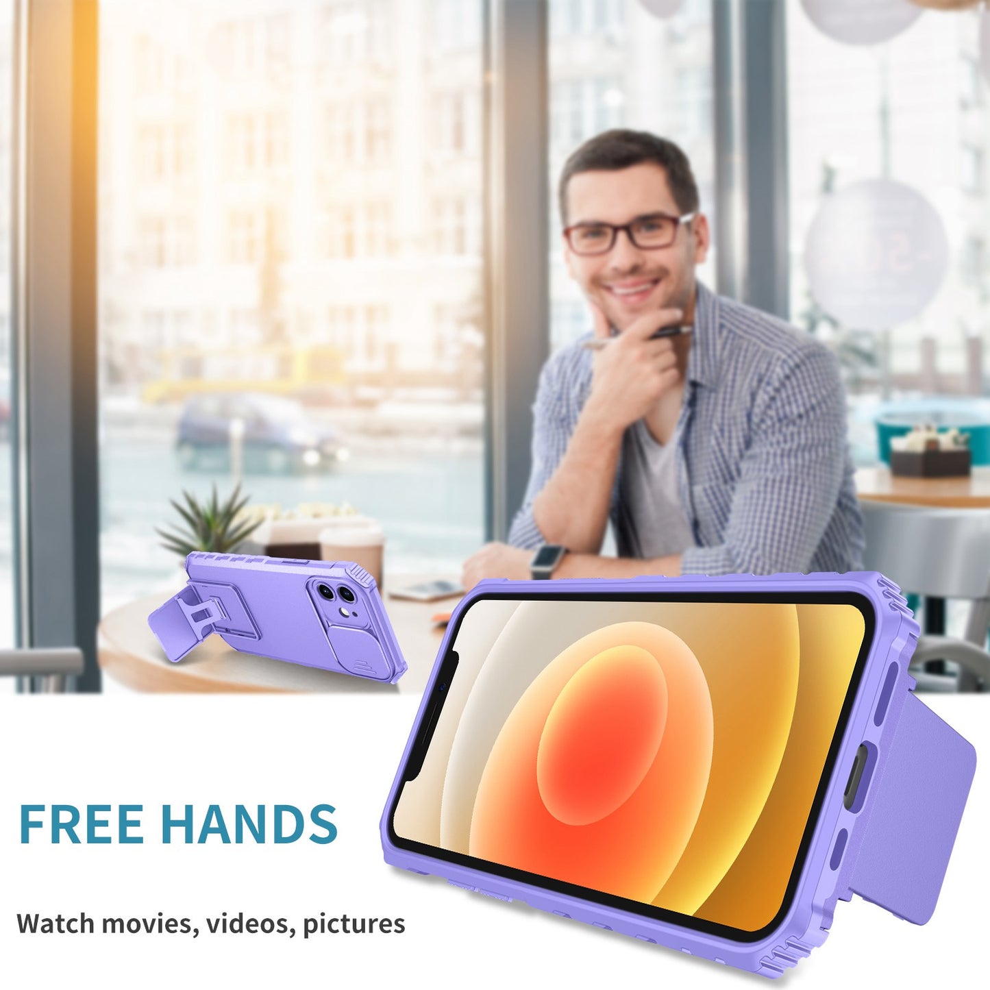 For iPhone 12 6.1 inch Adjustable Vertical Kickstand Phone Case Anti-drop PC + TPU Cover with Camera Slider Protection