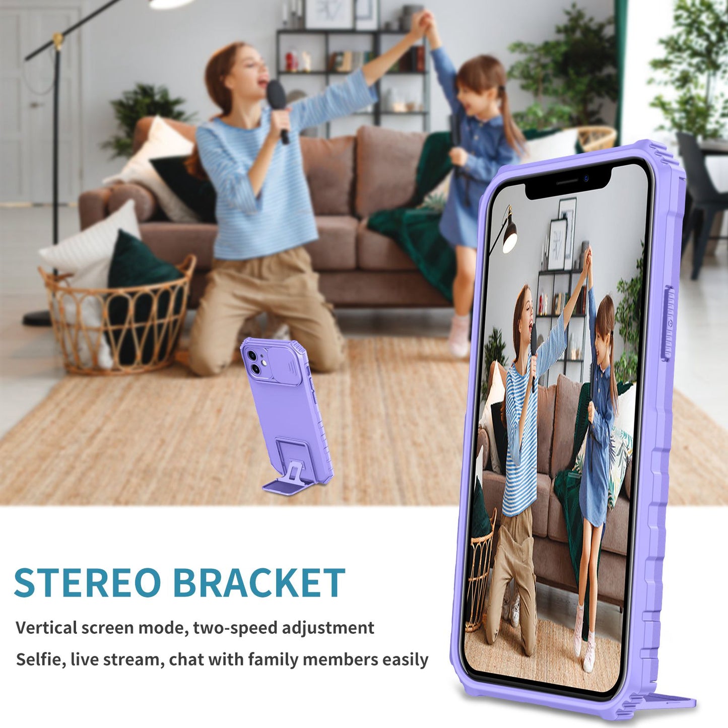 For iPhone 12 6.1 inch Adjustable Vertical Kickstand Phone Case Anti-drop PC + TPU Cover with Camera Slider Protection