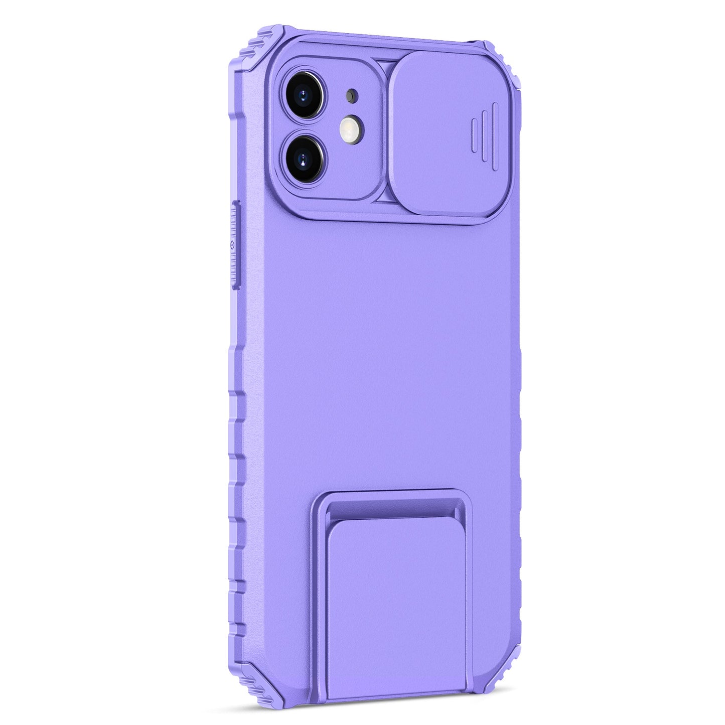 For iPhone 12 6.1 inch Adjustable Vertical Kickstand Phone Case Anti-drop PC + TPU Cover with Camera Slider Protection