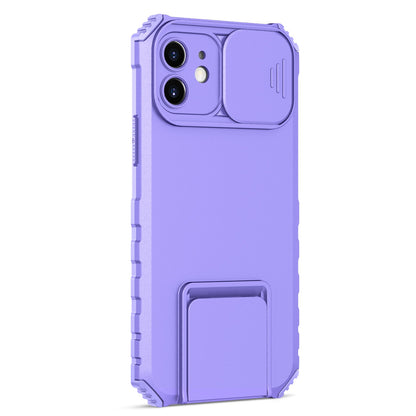 For iPhone 12 6.1 inch Adjustable Vertical Kickstand Phone Case Anti-drop PC + TPU Cover with Camera Slider Protection