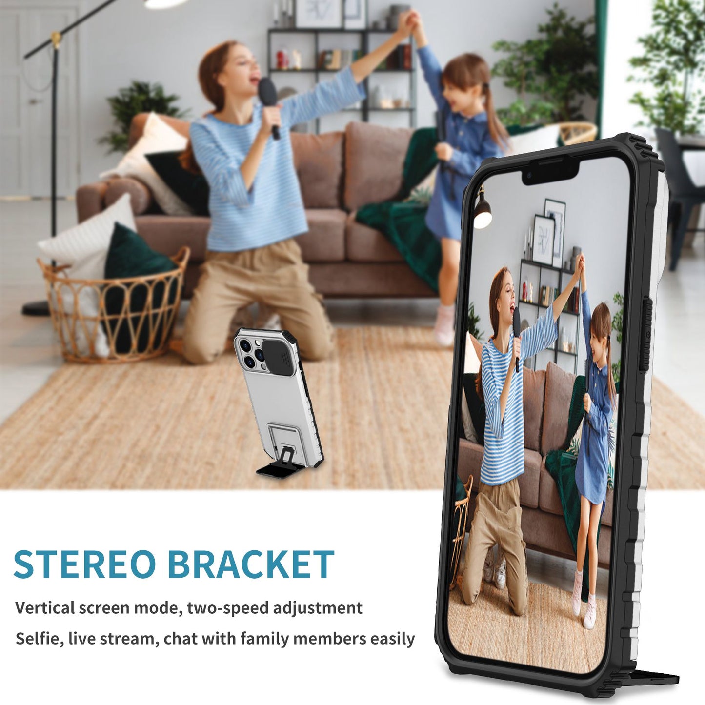 For iPhone 13 Pro 6.1 inch Camera Slider Design Adjustable Vertical Kickstand Phone Case PC + TPU Protective Cover