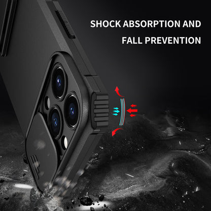 For iPhone 13 Pro 6.1 inch Camera Slider Design Adjustable Vertical Kickstand Phone Case PC + TPU Protective Cover
