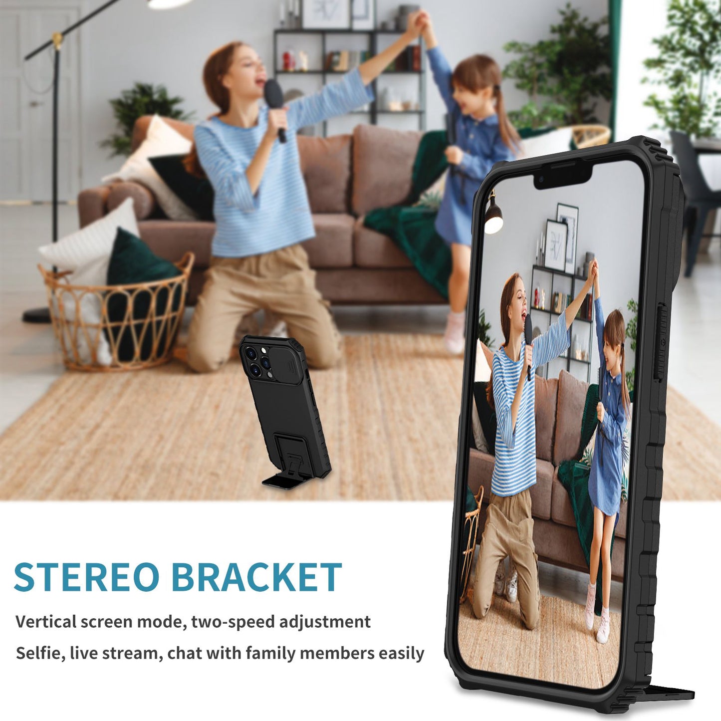 For iPhone 13 Pro 6.1 inch Camera Slider Design Adjustable Vertical Kickstand Phone Case PC + TPU Protective Cover