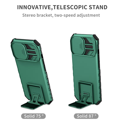 For iPhone 13 Pro 6.1 inch Camera Slider Design Adjustable Vertical Kickstand Phone Case PC + TPU Protective Cover