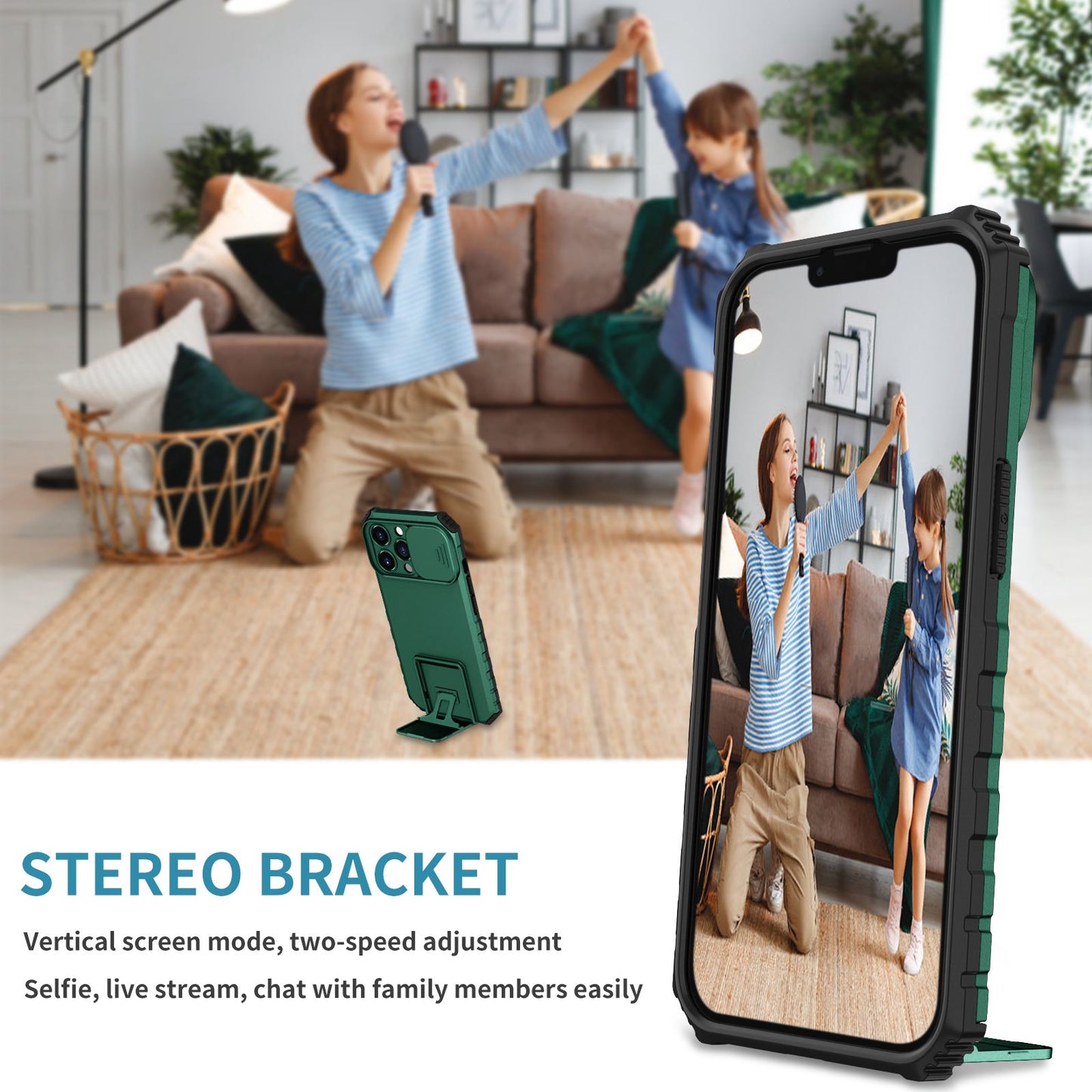For iPhone 13 Pro 6.1 inch Camera Slider Design Adjustable Vertical Kickstand Phone Case PC + TPU Protective Cover