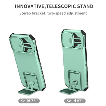 For iPhone 13 Pro 6.1 inch Camera Slider Design Adjustable Vertical Kickstand Phone Case PC + TPU Protective Cover