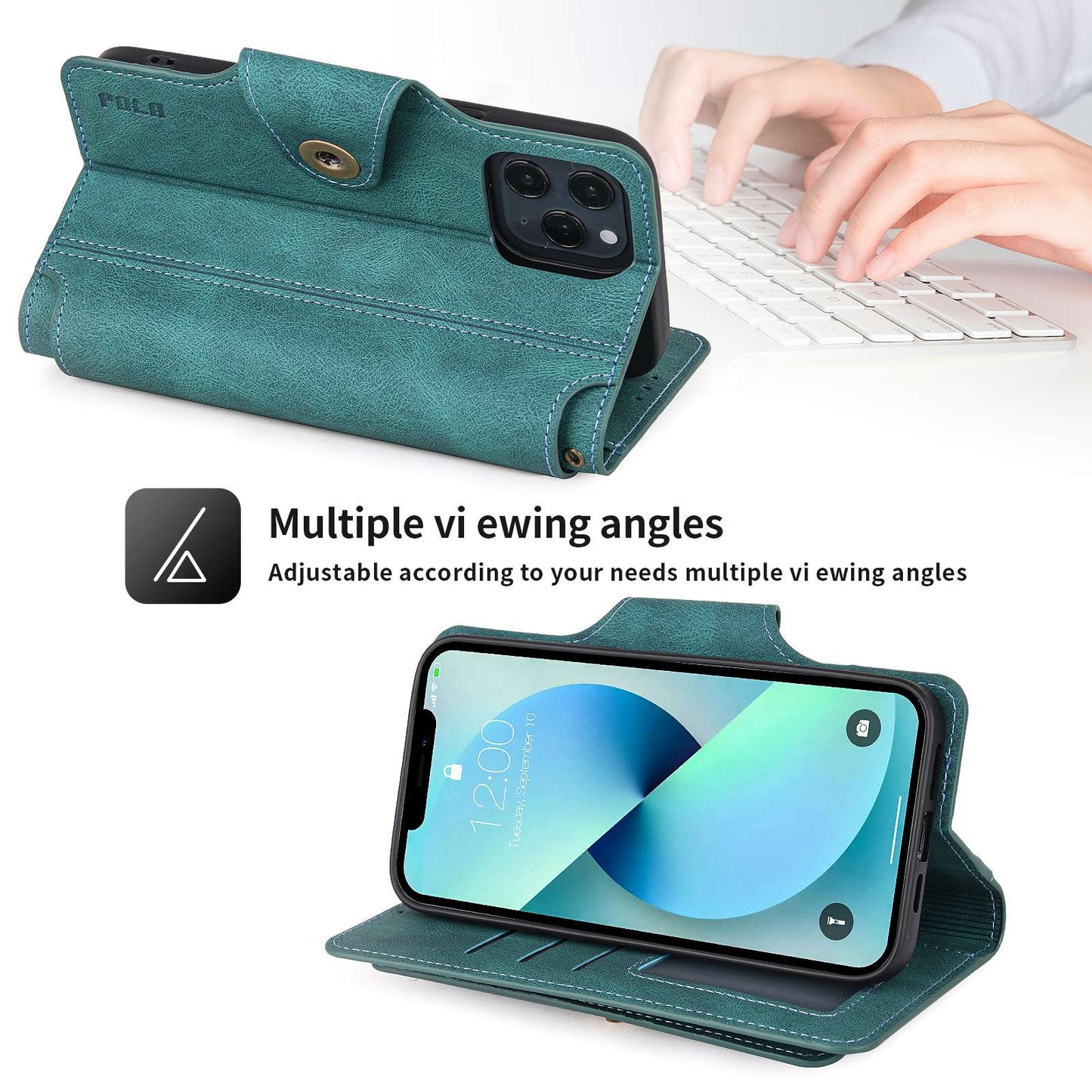 POLA for iPhone 13 Pro 6.1 inch 010 9 Card Slots PU Leather Phone Case with Wallet Stand and Wrist Strap Buckle Closure Cover