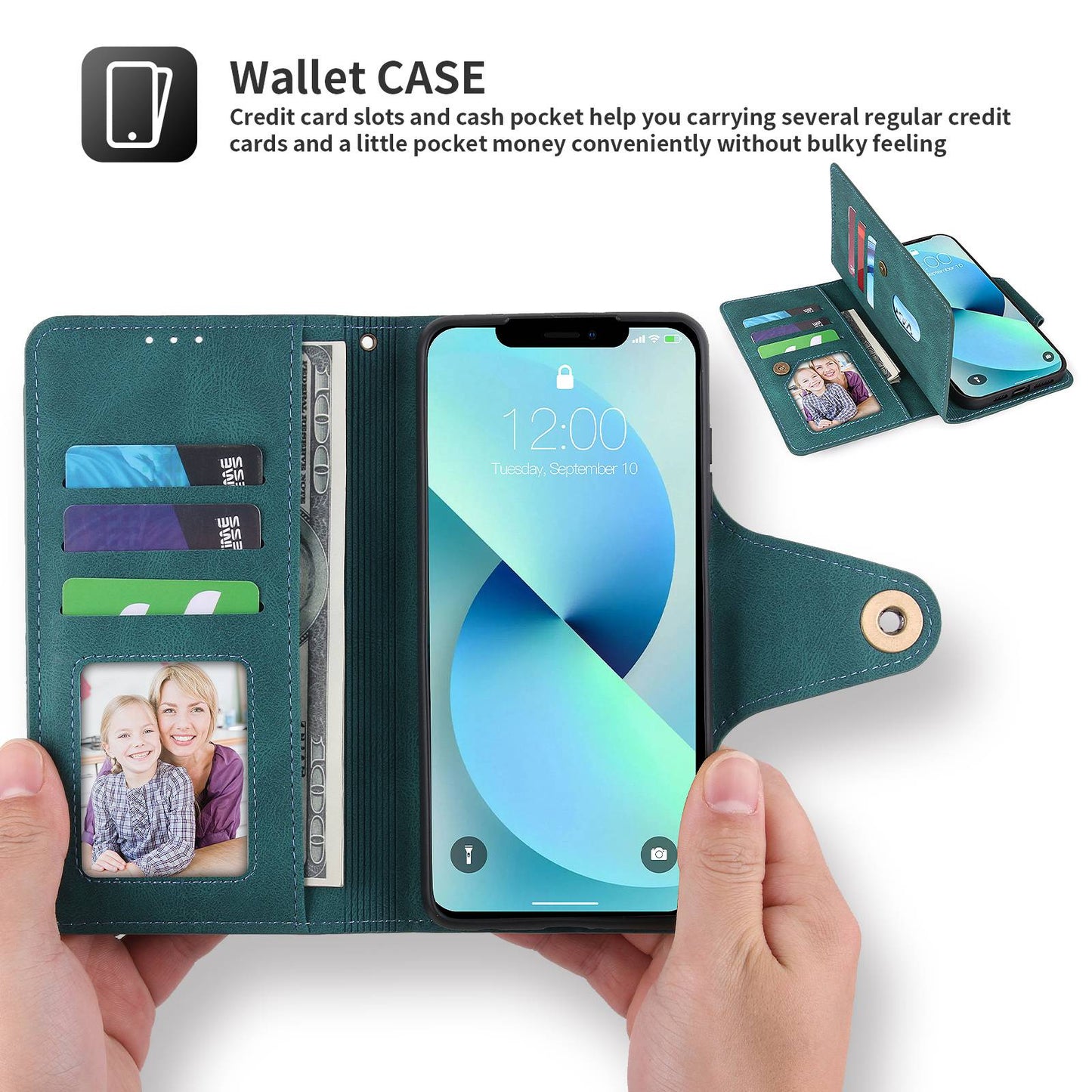 POLA for iPhone 13 Pro 6.1 inch 010 9 Card Slots PU Leather Phone Case with Wallet Stand and Wrist Strap Buckle Closure Cover