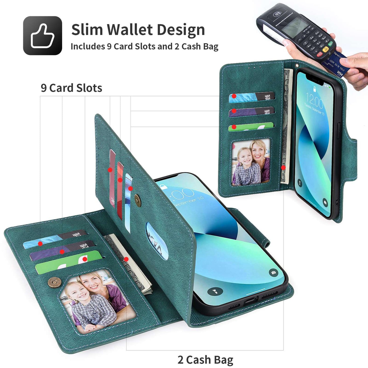 POLA for iPhone 13 Pro 6.1 inch 010 9 Card Slots PU Leather Phone Case with Wallet Stand and Wrist Strap Buckle Closure Cover