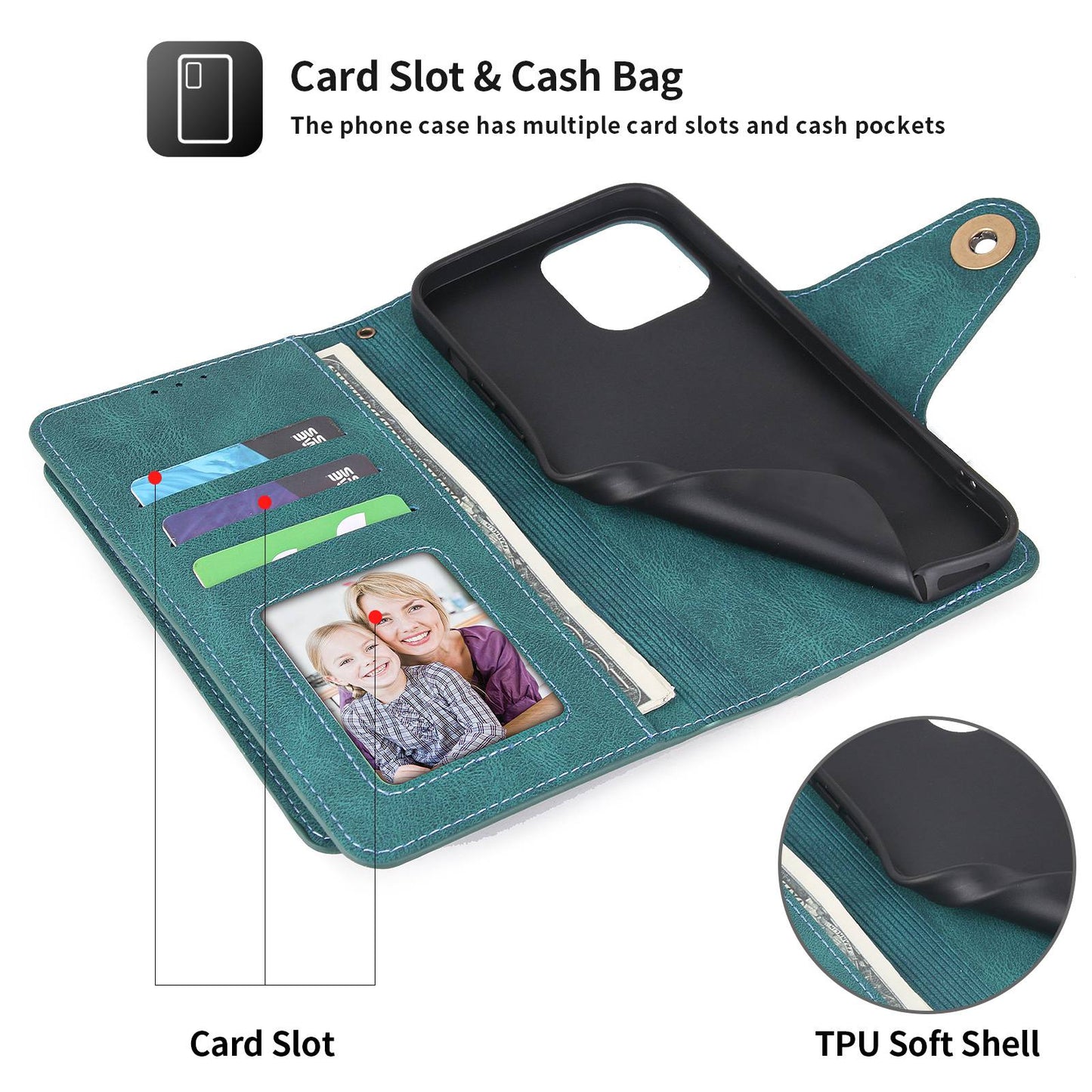 POLA for iPhone 13 Pro 6.1 inch 010 9 Card Slots PU Leather Phone Case with Wallet Stand and Wrist Strap Buckle Closure Cover