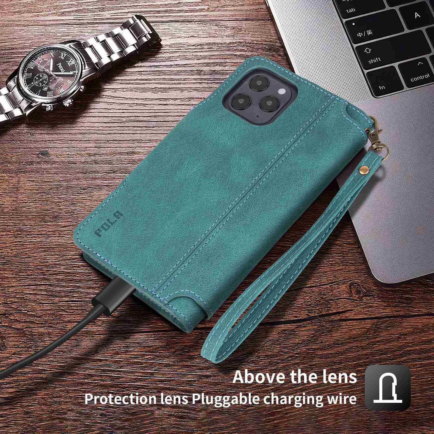 POLA for iPhone 13 Pro 6.1 inch 010 9 Card Slots PU Leather Phone Case with Wallet Stand and Wrist Strap Buckle Closure Cover