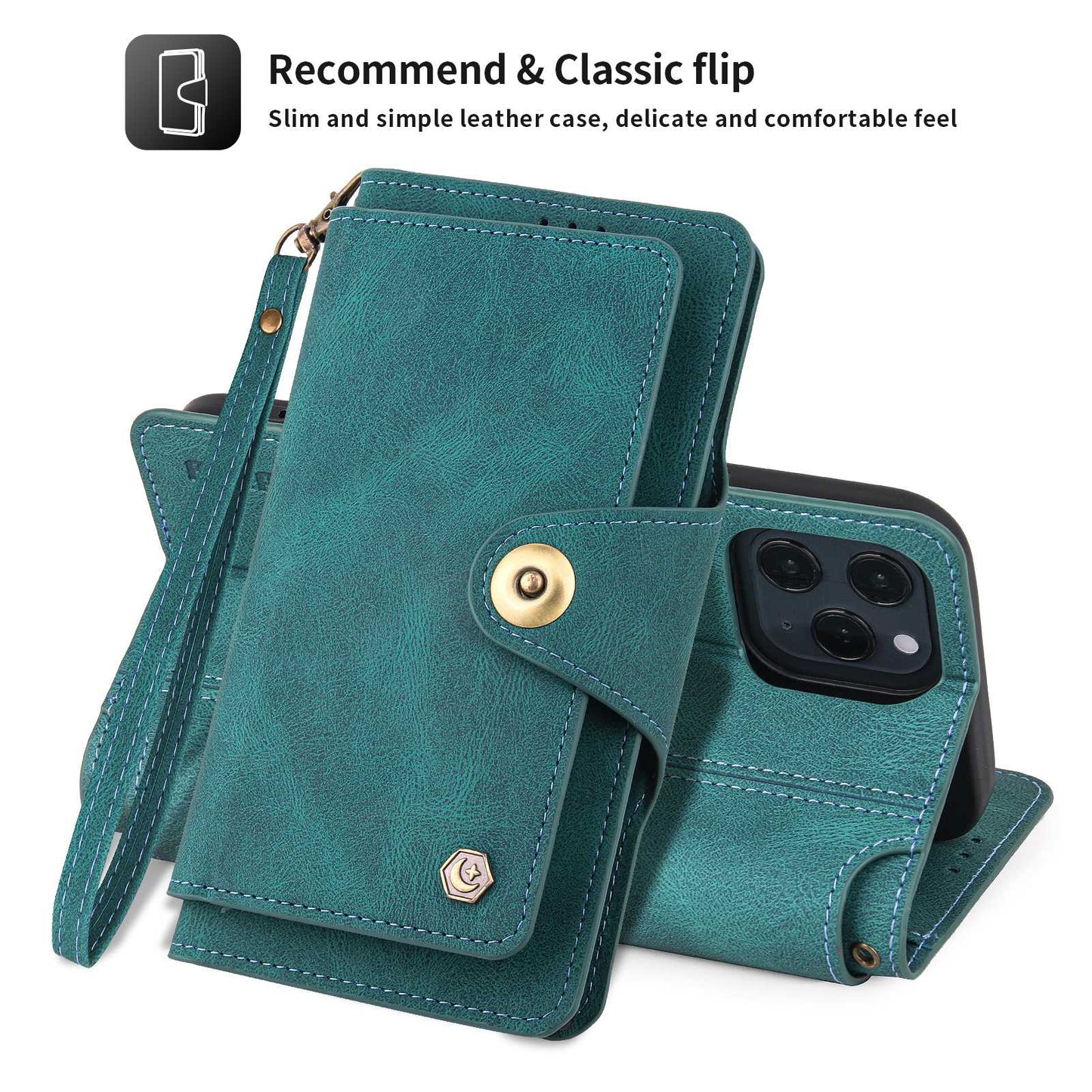 POLA for iPhone 13 Pro 6.1 inch 010 9 Card Slots PU Leather Phone Case with Wallet Stand and Wrist Strap Buckle Closure Cover