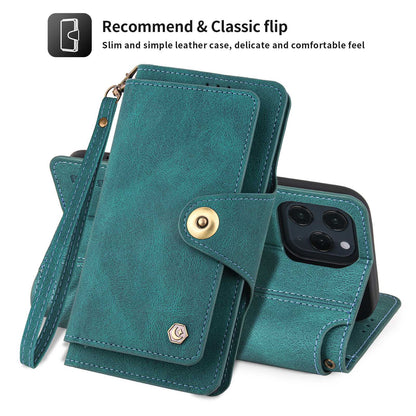 POLA for iPhone 13 Pro 6.1 inch 010 9 Card Slots PU Leather Phone Case with Wallet Stand and Wrist Strap Buckle Closure Cover
