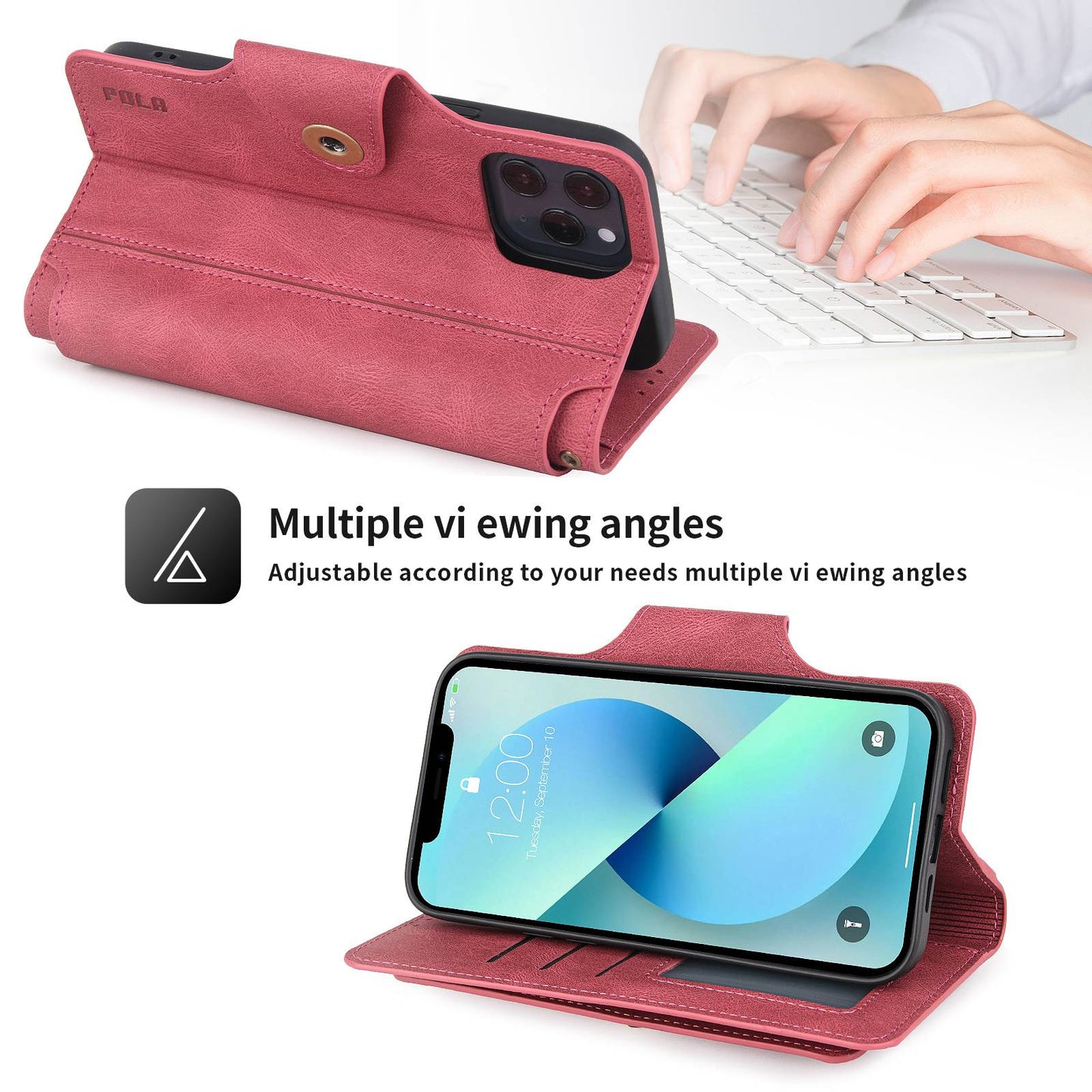 POLA for iPhone 13 Pro 6.1 inch 010 9 Card Slots PU Leather Phone Case with Wallet Stand and Wrist Strap Buckle Closure Cover