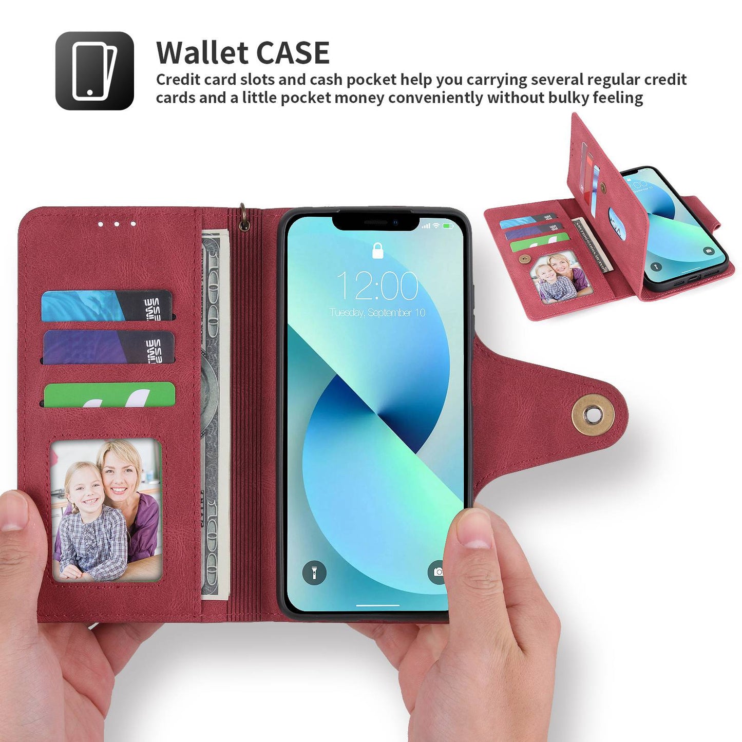 POLA for iPhone 13 Pro 6.1 inch 010 9 Card Slots PU Leather Phone Case with Wallet Stand and Wrist Strap Buckle Closure Cover