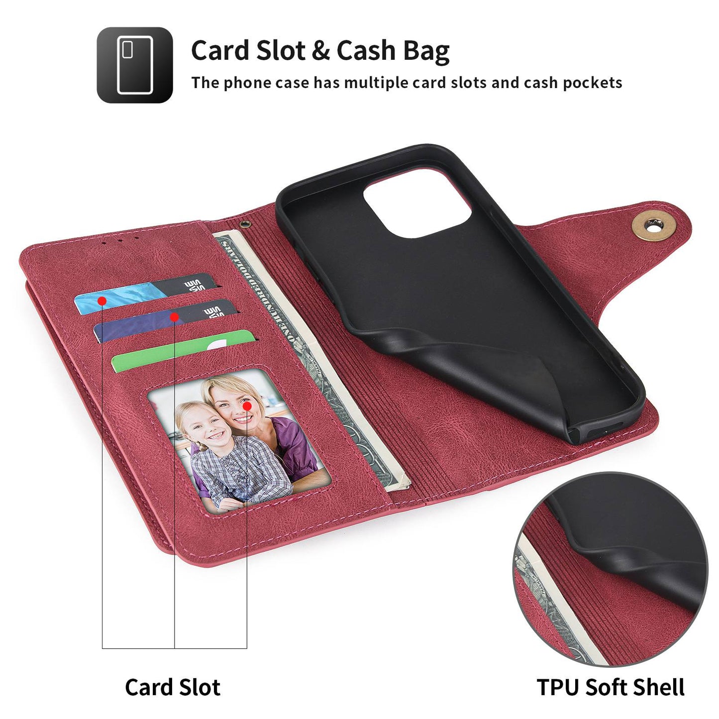 POLA for iPhone 13 Pro 6.1 inch 010 9 Card Slots PU Leather Phone Case with Wallet Stand and Wrist Strap Buckle Closure Cover