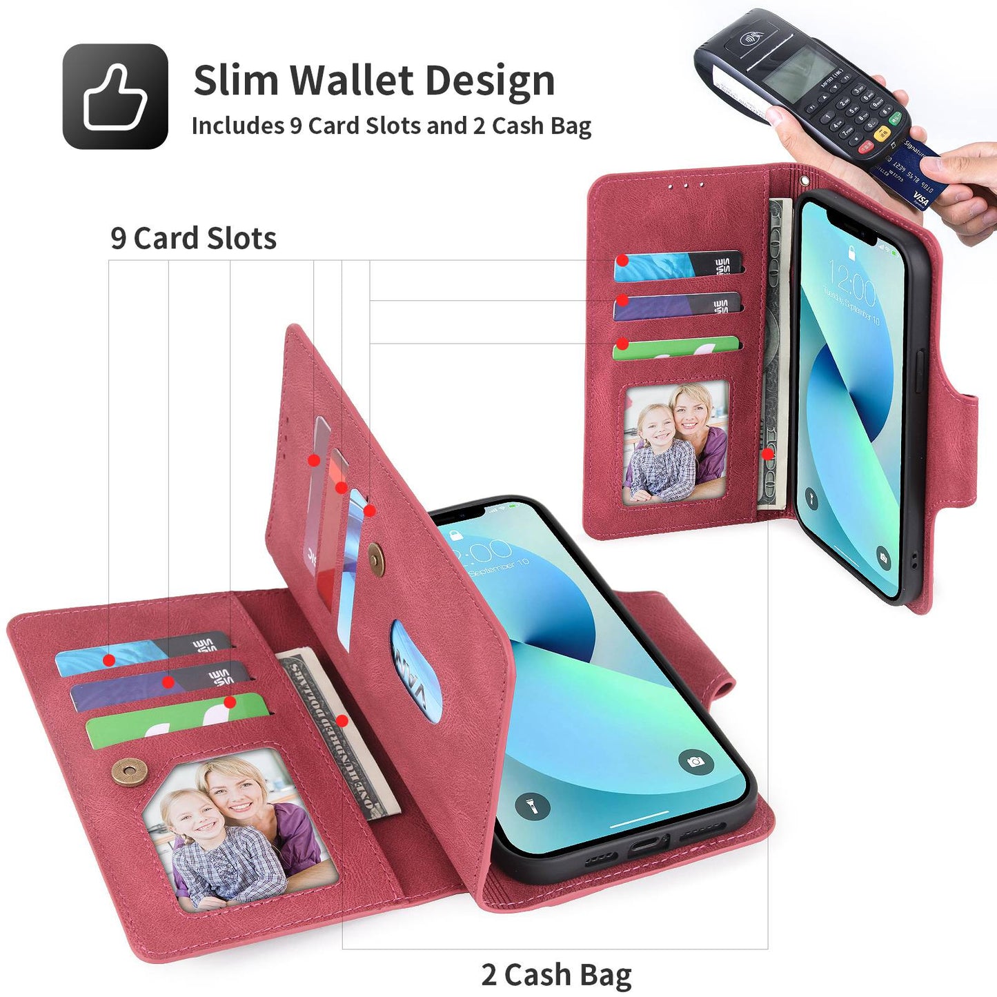 POLA for iPhone 13 Pro 6.1 inch 010 9 Card Slots PU Leather Phone Case with Wallet Stand and Wrist Strap Buckle Closure Cover