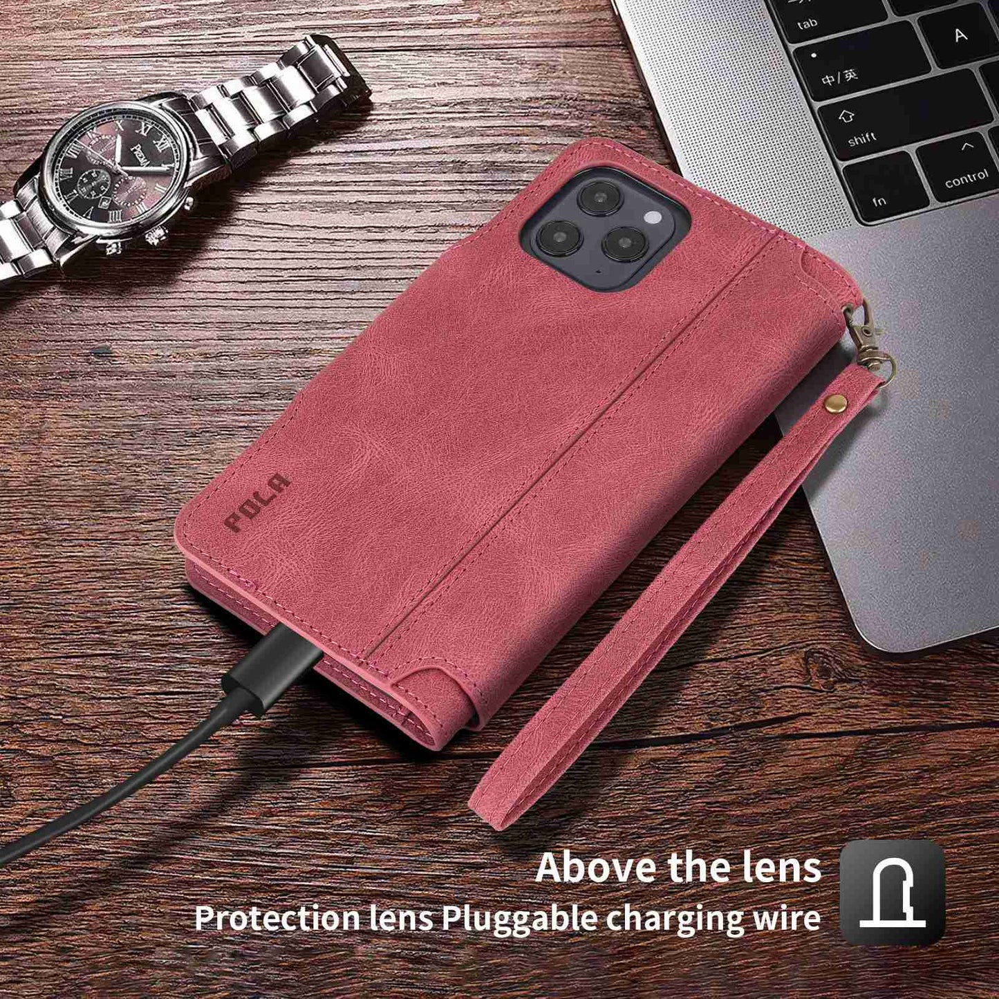 POLA for iPhone 13 Pro 6.1 inch 010 9 Card Slots PU Leather Phone Case with Wallet Stand and Wrist Strap Buckle Closure Cover