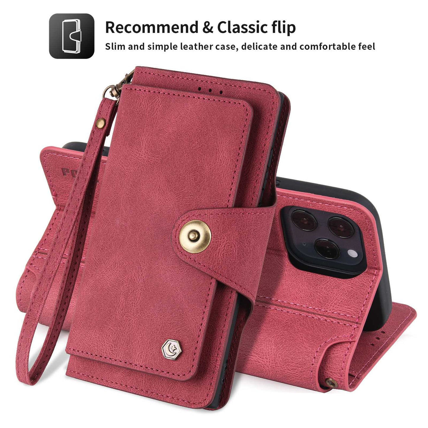 POLA for iPhone 13 Pro 6.1 inch 010 9 Card Slots PU Leather Phone Case with Wallet Stand and Wrist Strap Buckle Closure Cover