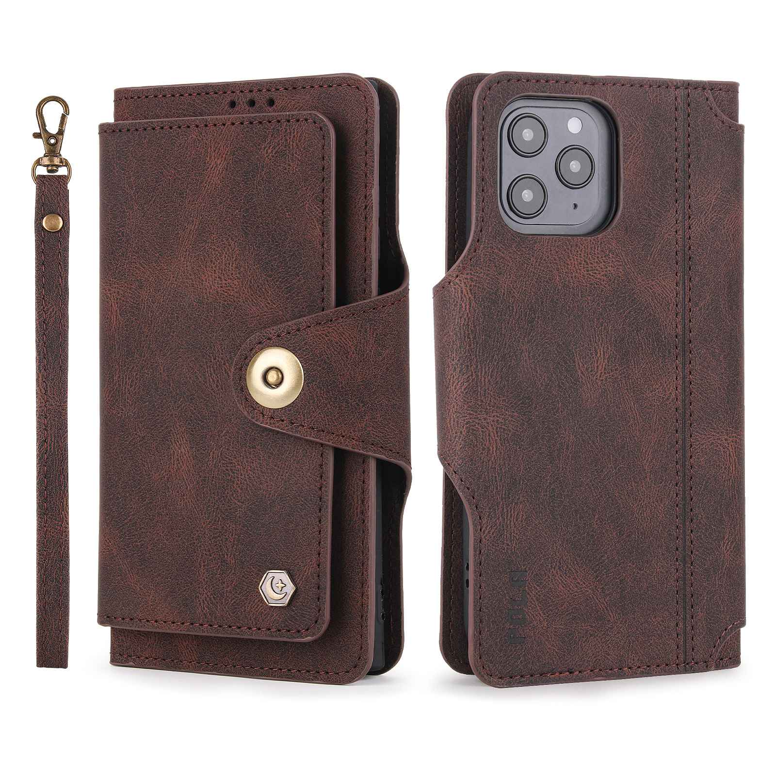 POLA for iPhone 13 Pro 6.1 inch 010 9 Card Slots PU Leather Phone Case with Wallet Stand and Wrist Strap Buckle Closure Cover