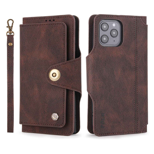 POLA for iPhone 13 Pro 6.1 inch 010 9 Card Slots PU Leather Phone Case with Wallet Stand and Wrist Strap Buckle Closure Cover