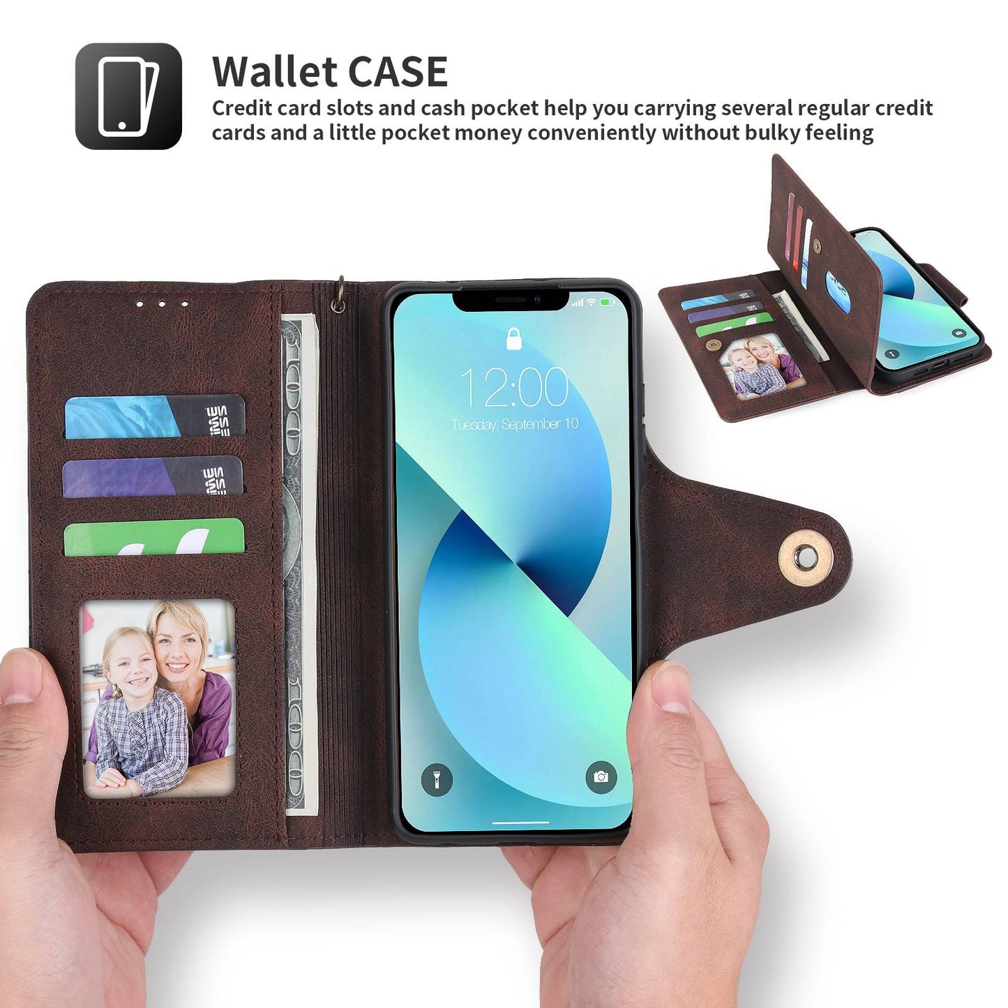 POLA for iPhone 13 Pro 6.1 inch 010 9 Card Slots PU Leather Phone Case with Wallet Stand and Wrist Strap Buckle Closure Cover