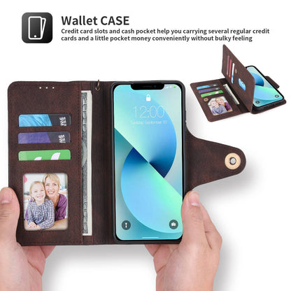 POLA for iPhone 13 Pro 6.1 inch 010 9 Card Slots PU Leather Phone Case with Wallet Stand and Wrist Strap Buckle Closure Cover