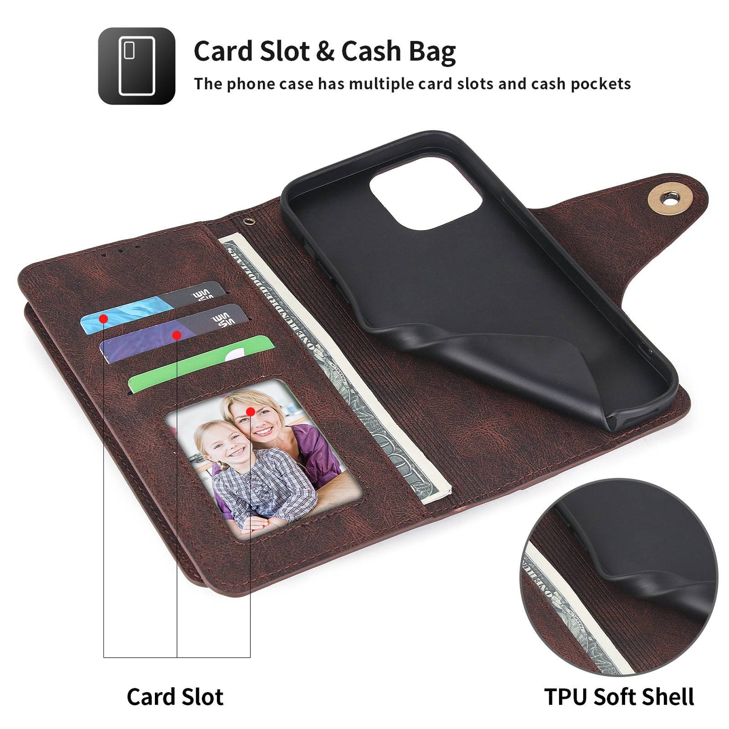POLA for iPhone 13 Pro 6.1 inch 010 9 Card Slots PU Leather Phone Case with Wallet Stand and Wrist Strap Buckle Closure Cover