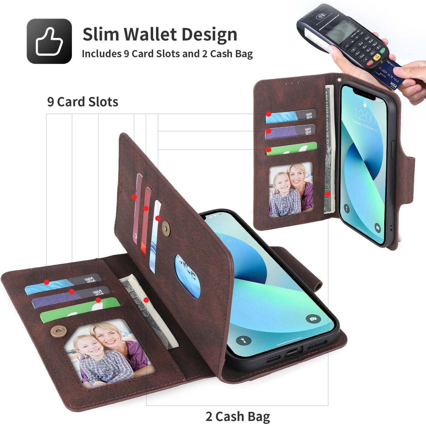 POLA for iPhone 13 Pro 6.1 inch 010 9 Card Slots PU Leather Phone Case with Wallet Stand and Wrist Strap Buckle Closure Cover