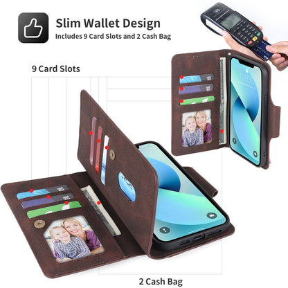 POLA for iPhone 13 Pro 6.1 inch 010 9 Card Slots PU Leather Phone Case with Wallet Stand and Wrist Strap Buckle Closure Cover