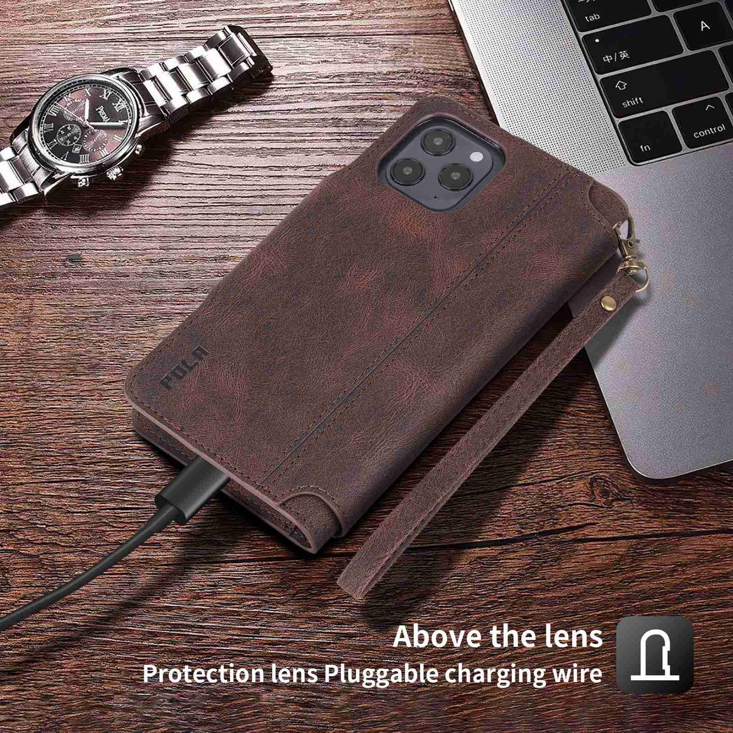 POLA for iPhone 13 Pro 6.1 inch 010 9 Card Slots PU Leather Phone Case with Wallet Stand and Wrist Strap Buckle Closure Cover